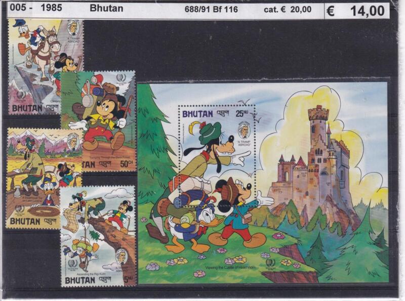Francobolli e Foglietto Bhutan. anno 1985 – Tematica Disney Mark Twain