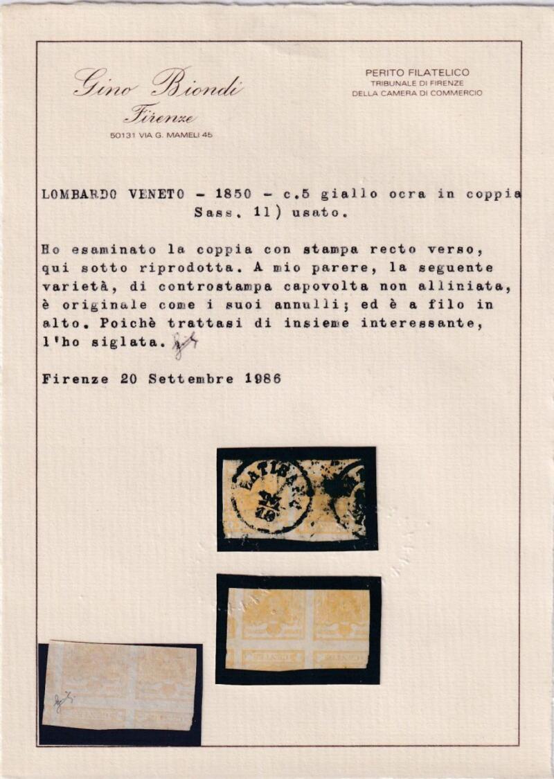 Coppia francobolli Lombardo Veneto – Anno 1850 Centesimi 5 giallo ocra (cat. n. 1l)