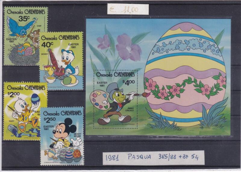 Francobolli e Foglietto Granada e Grenadines anno 1981 – Tematica Disney Pasqua 1981