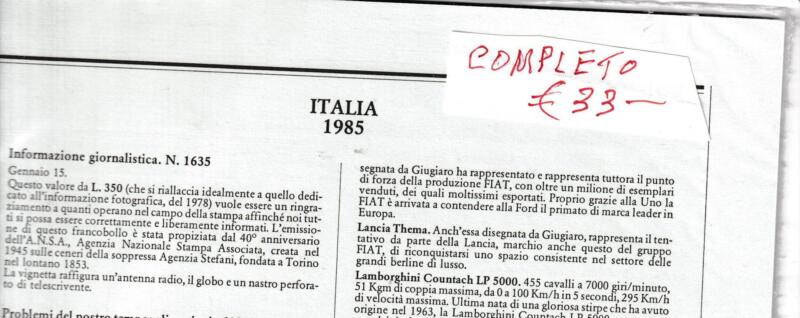 Francobolli Italia Repubblica Anno 1985 annata completa 40 francobolli e 3 foglietti montata su fogli Marini King Versione classica