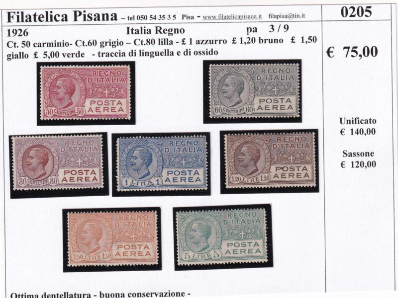 Francobolli Regno d’Italia Anni 1926-1928 Serie Effigie Vittorio Emanuele III Posta Aerea (cat. n. 3-9)