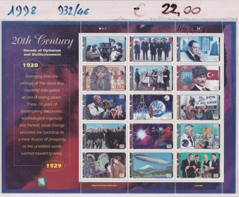Minifoglio Marshall Islands anno 1998 20th Century 1920-1929 Decade of Optimism and Disillusionment