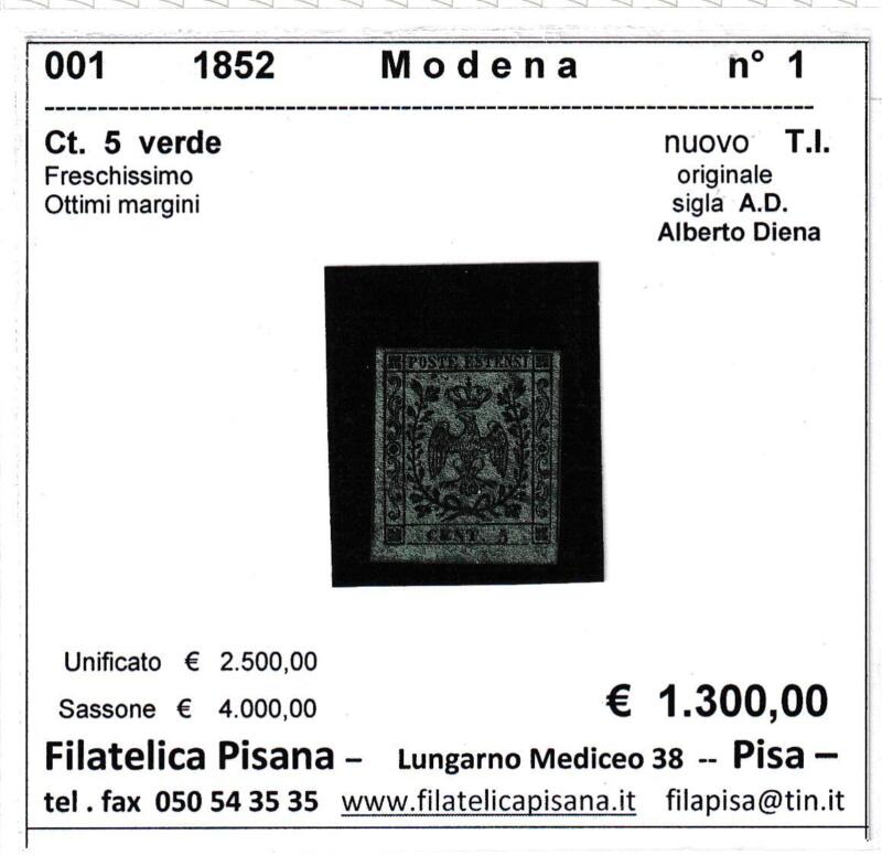 Francobollo Ducato di Modena – Anno 1852 Centesimi 5 verde (cat. n. 1)