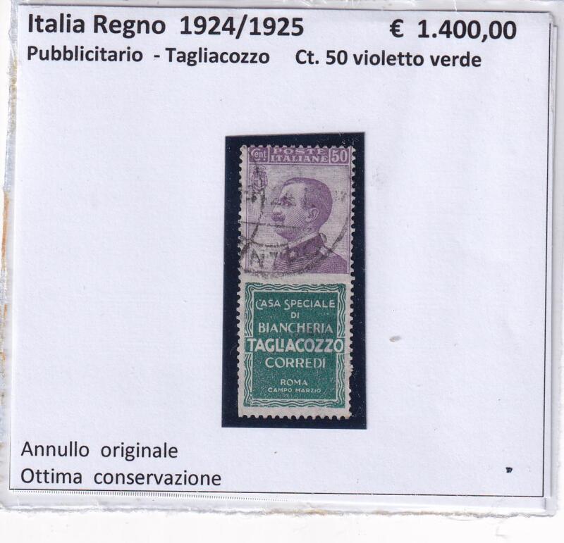 Francobollo Regno d’Italia – Pubblicitari Tagliacozzo Anno 1924 Centesimi 50 violetto verde