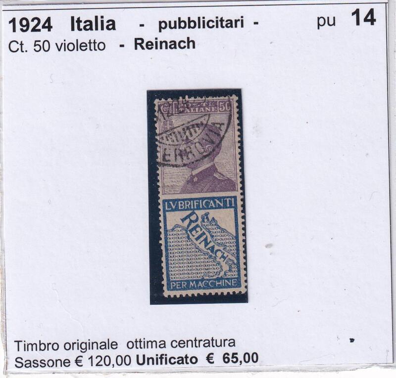 Francobollo Regno d’Italia – Pubblicitari Reinach Anno 1924 Centesimi 50 violetto