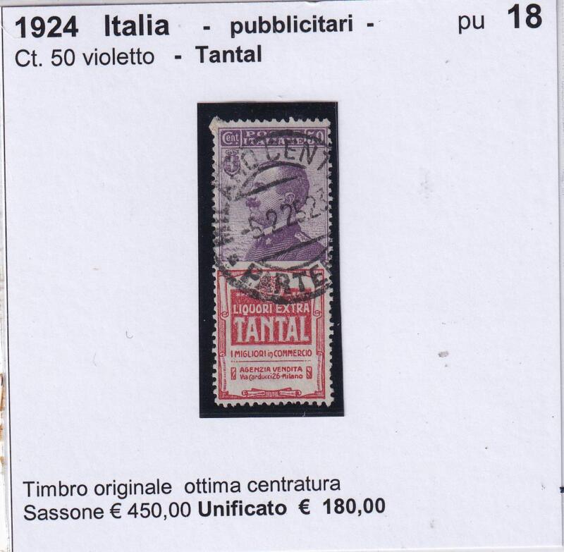 Francobollo Regno d’Italia – Pubblicitari Tantal Anno 1924 Centesimi 50 violetto