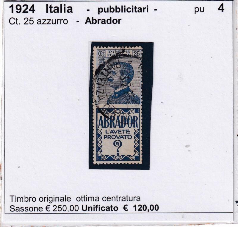 Francobollo Regno d’Italia – Pubblicitari Abrador Anno 1924 Centesimi 25 azzurro