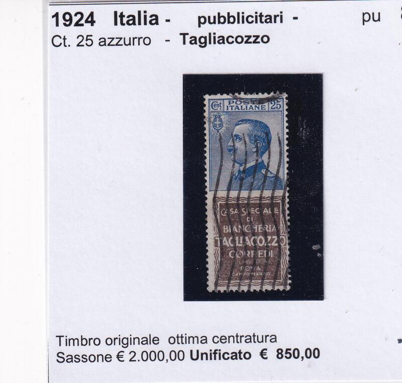 Francobollo Regno d’Italia – Pubblicitari Tagliacozzo Anno 1924 Centesimi 25 azzurro