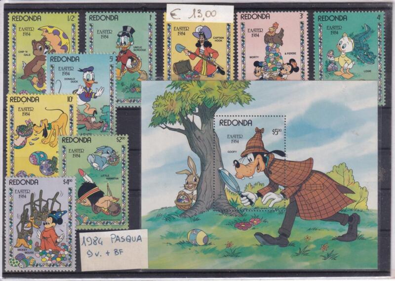 Francobolli e Foglietto Redonda anno 1984 - Tematica Disney Pasqua 1984