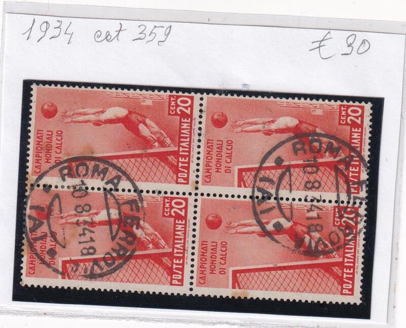 Quartina francobolli Regno d’Italia – Campionato mondiale di calcio Anno 1934 Centesimi 20 rosso
