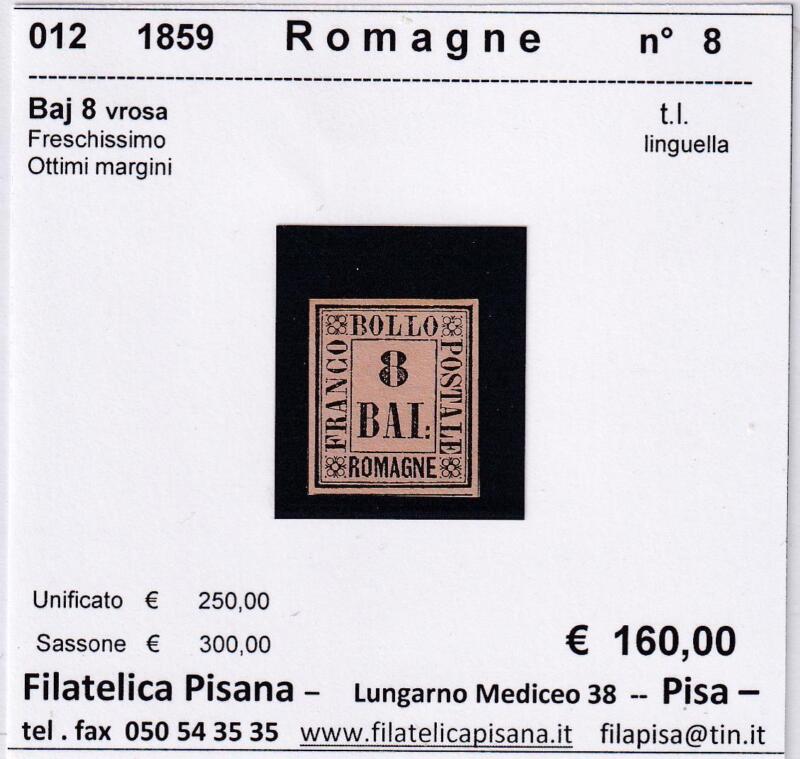 Francobollo Romagne – Anno 1859 Baj 8 rosa (cat. n. 8)