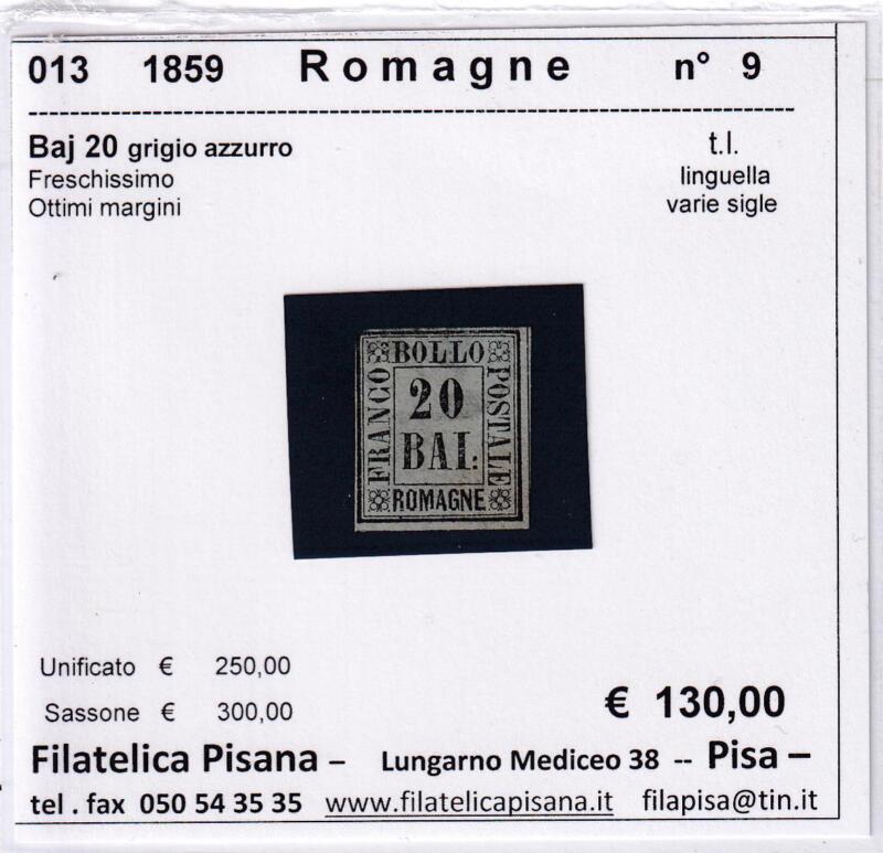 Francobollo Romagne – Anno 1859 Baj 20 grigio azzurro (cat. n. 9)