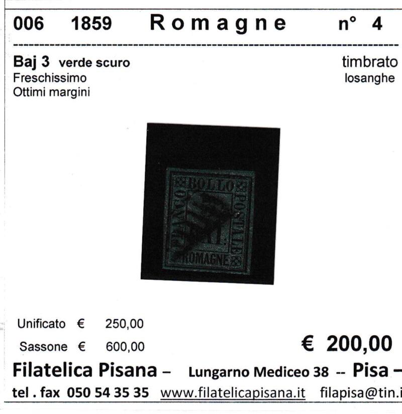 Francobollo Romagne – Anno 1859 Baj 3 verde scuro (cat. n. 4)
