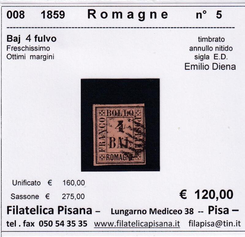 Francobollo Romagne – Anno 1859 Baj 4 fulvo (cat. n. 5)