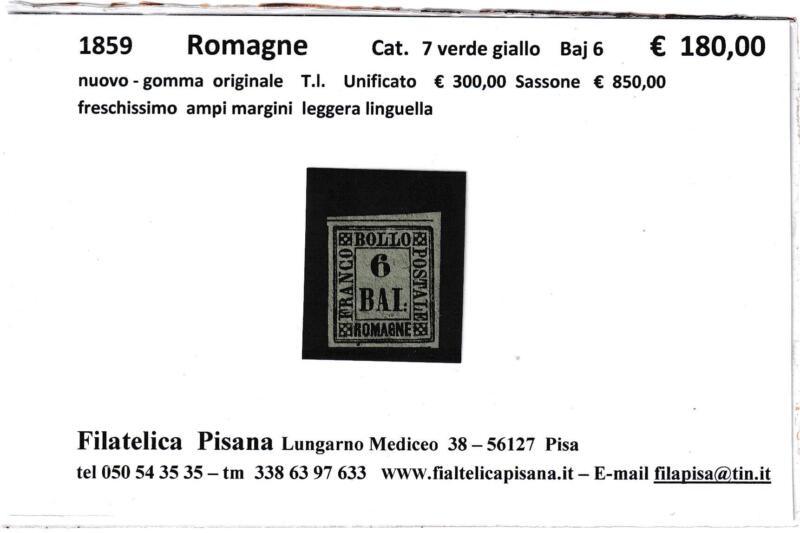 Francobollo Romagne – Anno 1859 Baj 6 verde giallo (cat. n. 7)