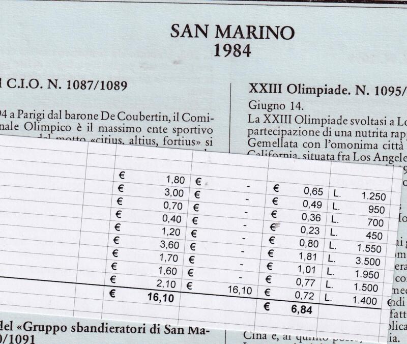 Francobolli San Marino 1984 annata completa 19 francobolli 1 foglietti montata su fogli Marini King Versione classica