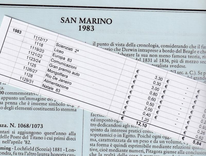 Francobolli San Marino 1983 annata completa 19 francobolli montata su fogli Marini King versione classica