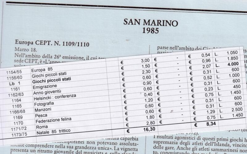 Francobolli San Marino 1985 annata completa 21 francobolli montata su fogli Marini King Versione classica