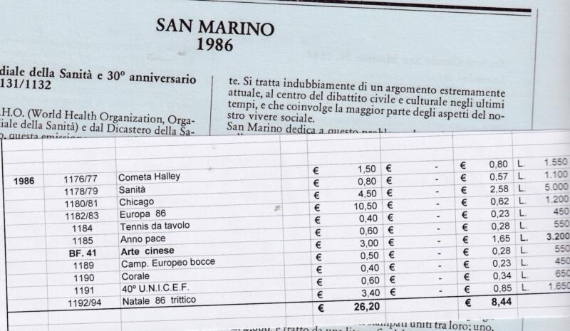 Francobolli San Marino 1986 annata completa 16 francobolli 1 foglietto montata su fogli Marini King versione classica