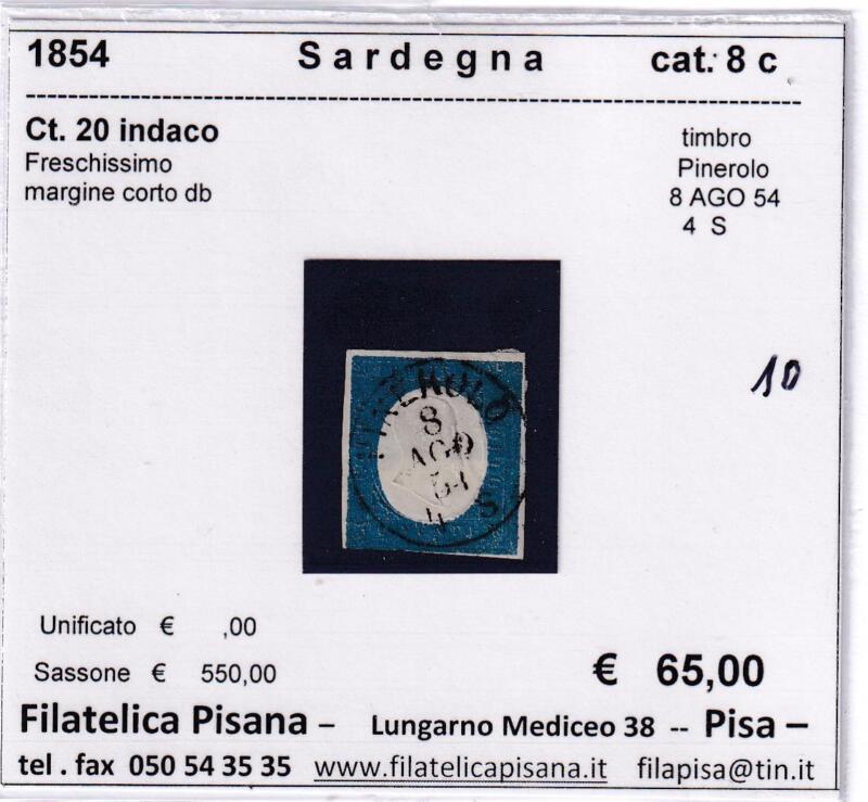 Francobollo Regno di Sardegna – Anno 1854 Centesimi 20 indaco (cat. n. 8c)