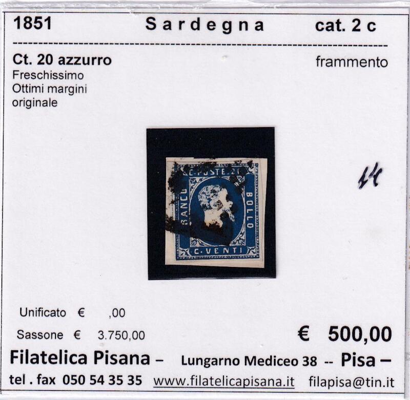 Francobollo Regno di Sardegna – Anno 1851 Centesimi 20 azzurro (cat. n. 2c)