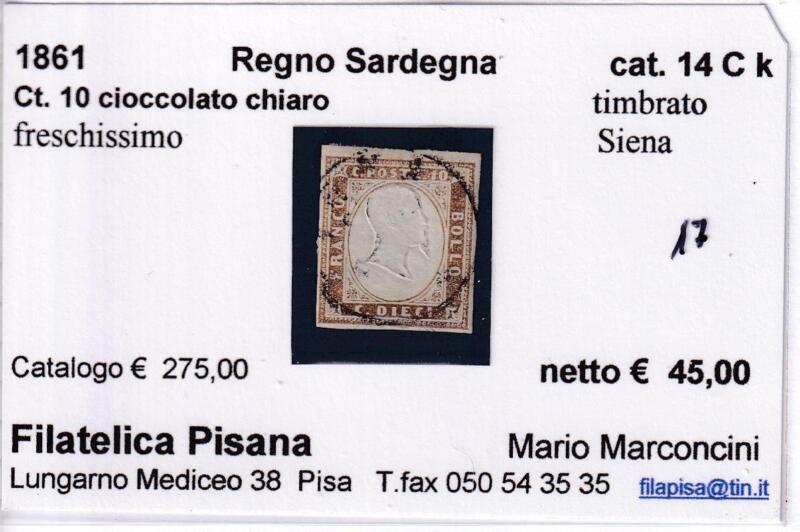Francobollo Regno di Sardegna – Anno 1861 Centesimi 10 cioccolato chiaro (cat. n. 14Ck)