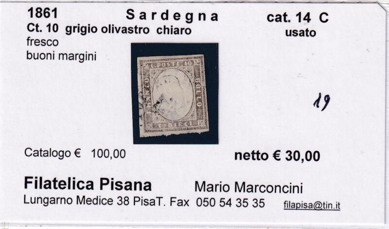 Francobollo Regno di Sardegna – Anno 1861 Centesimi 10 grigio olivastro chiaro (cat. n. 14C)