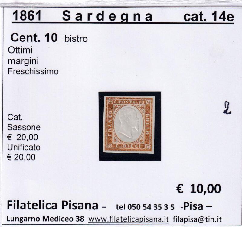 Francobollo Regno di Sardegna – Anno 1861 Centesimi 10 bistro (cat. n. 14e)