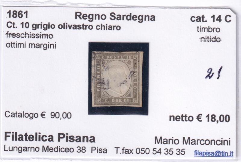 Francobollo Regno di Sardegna – Anno 1861 Centesimi 10 grigio olivastro chiaro (cat. n. 14C)