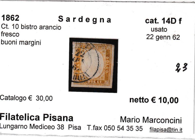 Francobollo Regno di Sardegna – Anno 1862 Centesimi 10 bistro arancio (cat. n. 14Df)