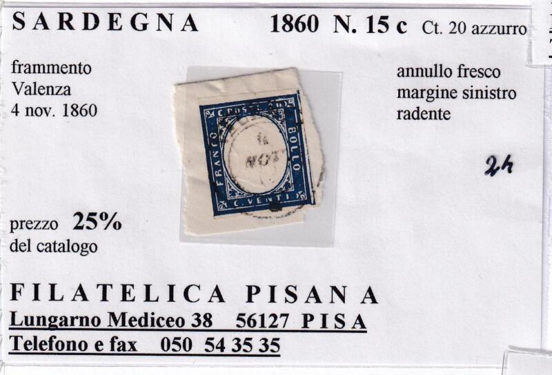 Francobollo Regno di Sardegna – Anno 1860 Centesimi 20 azzurro (cat. n. 15c)