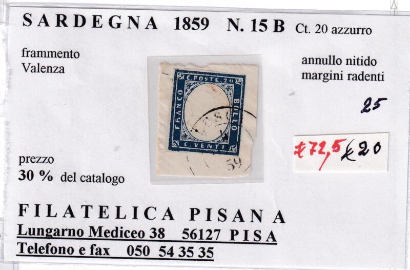 Francobollo Regno di Sardegna – Anno 1859 Centesimi 20 azzurro (cat. n. 15b)