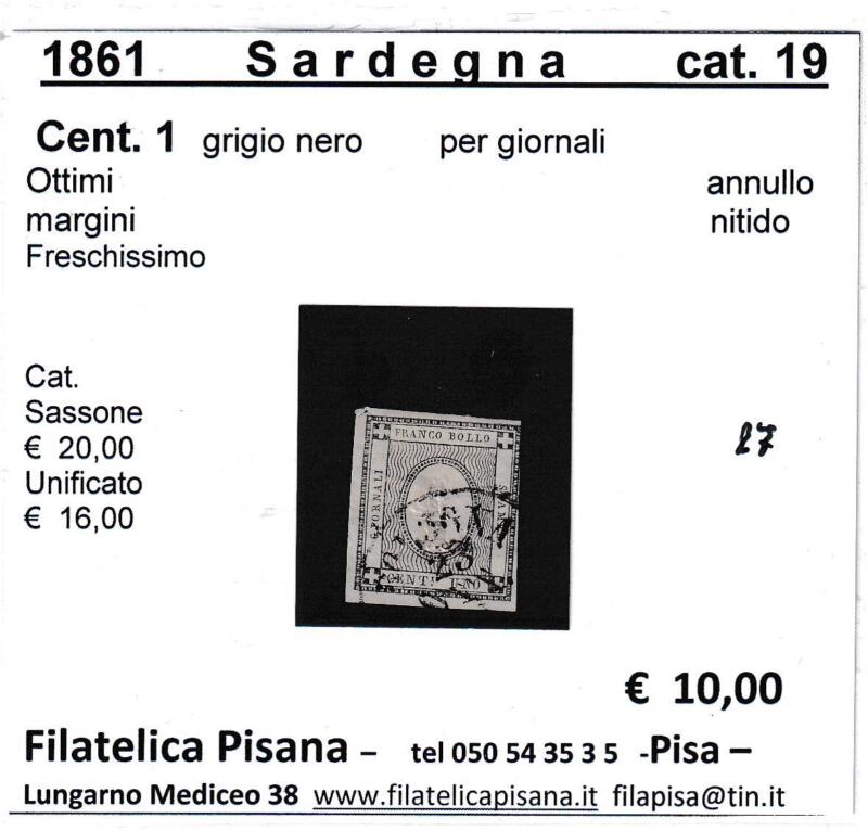 Francobollo per giornali Regno di Sardegna – Anno 1861 Centesimi 1 grigio nero (cat. n. 19)