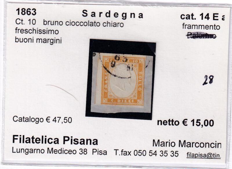 Francobollo Regno di Sardegna – Anno 1863 Centesimi 10 bruno cioccolato chiaro (cat. n. 14Ea)