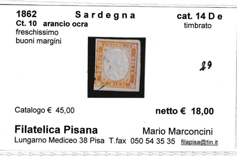 Francobollo Regno di Sardegna – Anno 1862 Centesimi 10 arancio ocra (cat. n. 14De)