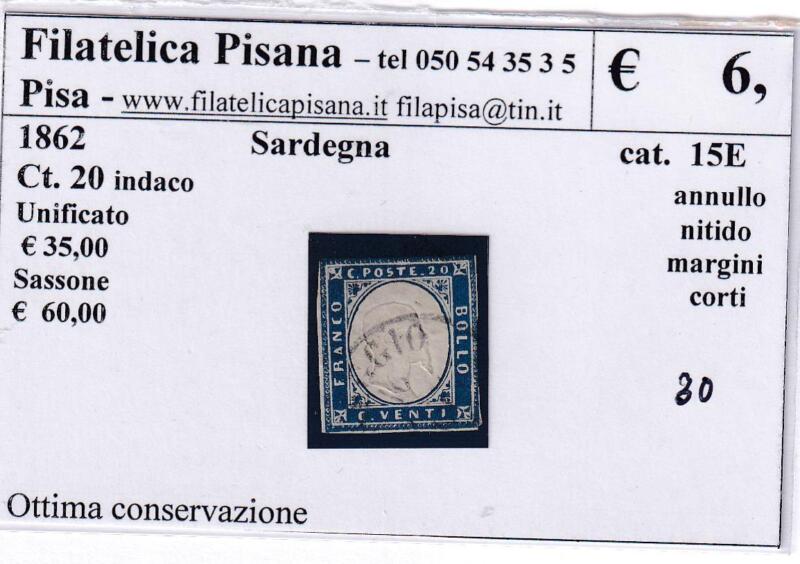 Francobollo Regno di Sardegna – Anno 1862 Centesimi 20 indaco (cat. n. 15E)