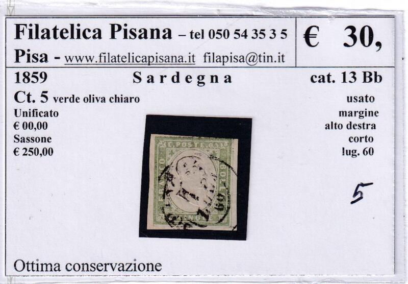 Francobollo Regno di Sardegna – Anno 1859 Centesimi 5 verde oliva chiaro (cat. n. 13Bb)