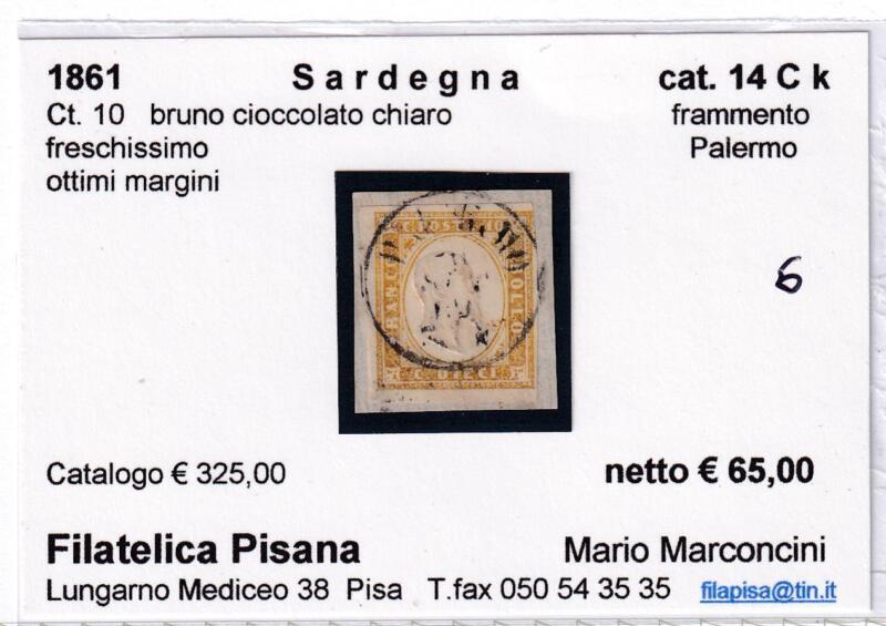 Francobollo Regno di Sardegna – Anno 1861 Centesimi 10 bruno cioccolato chiaro (cat. n. 14Ck)