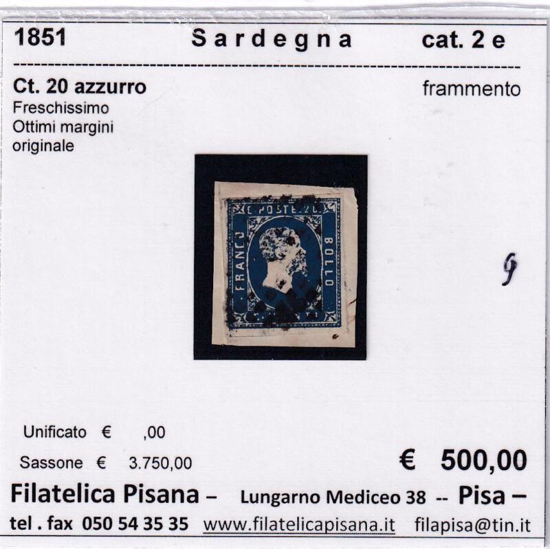 Francobollo Regno di Sardegna – Anno 1851 Centesimi 20 azzurro (cat. n. 2e)