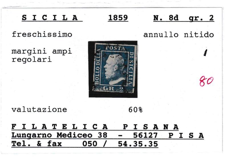 Francobollo Sicilia - Anno 1859 Grani 2 azzurro chiaro (cat. n. 8)