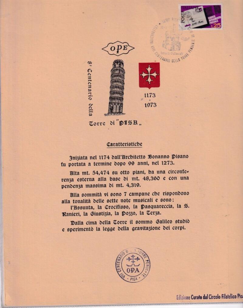 Folder Opera della Primaziale Pisana celebrativo dell'Ottocentesimo Anniversario della Torre di Pisa - con annullo