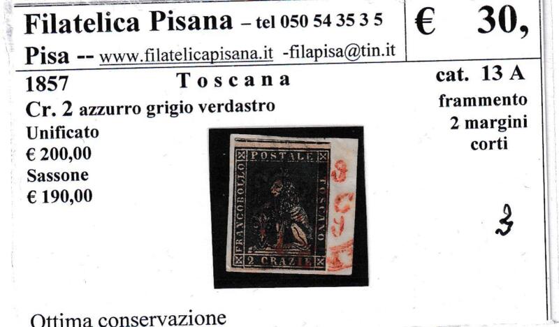 Francobollo Granducato di Toscana - Anno 1857 Crazie 2 azzurro grigio verdastro (cat. n. 13A)