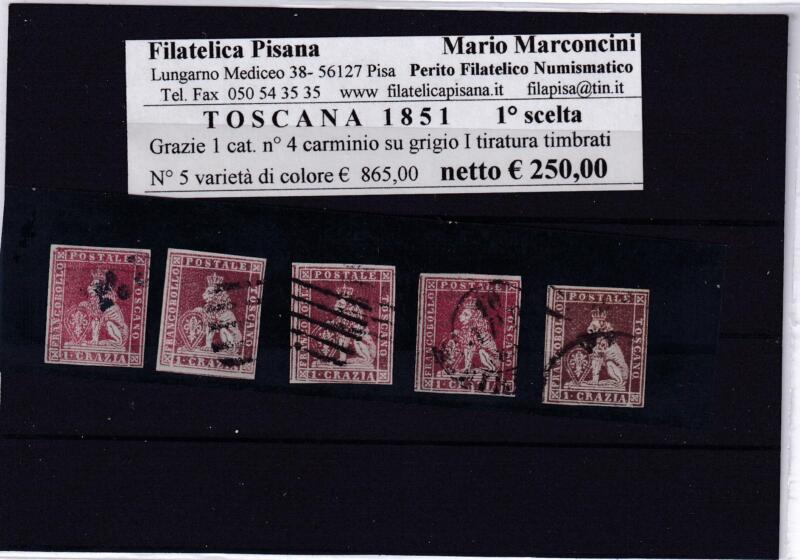 Francobollo Granducato di Toscana - Anno 1851 Crazie 1 carminio su carta grigia Tiratura I (cat. n. 4)