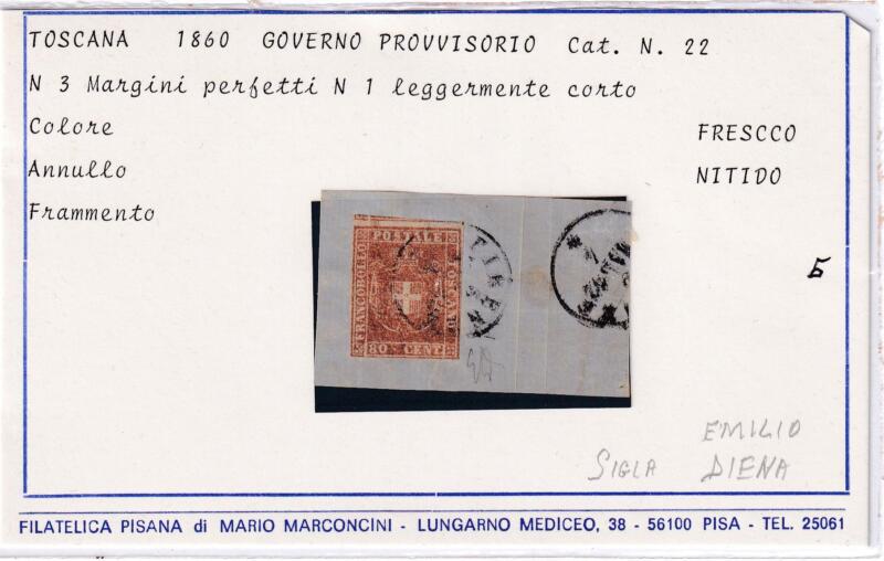 Francobollo Toscana Governo Provvisorio - Anno 1860 Centesimi 80 carnicino (cat. n. 22)