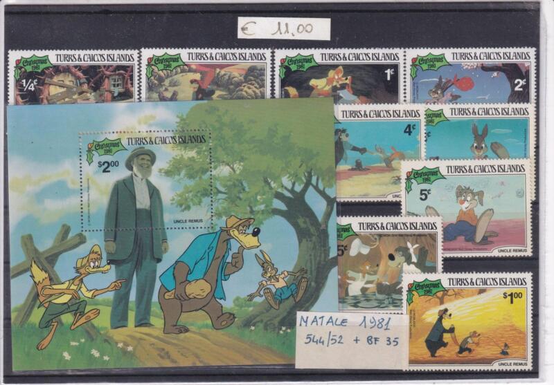 Francobolli e Foglietto Turks e Caicos anno 1981 - Tematica Disney Natale 1981