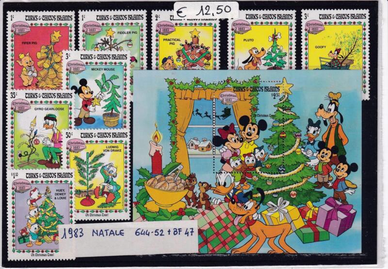 Francobolli e Foglietto Turks e Caicos anno 1983 - Tematica Disney Natale 1983
