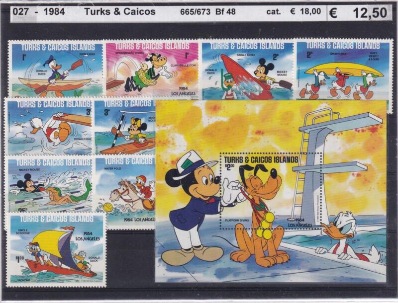 Francobolli e Foglietto Turks e Caicos anno 1984 - Tematica Disney Los Angeles 1984 Olimpiadi 1984