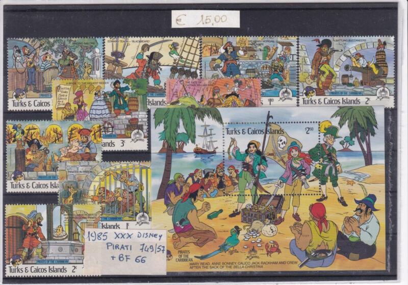 Francobolli e Foglietto Turks e Caicos anno 1985 - Tematica Disney Pirati