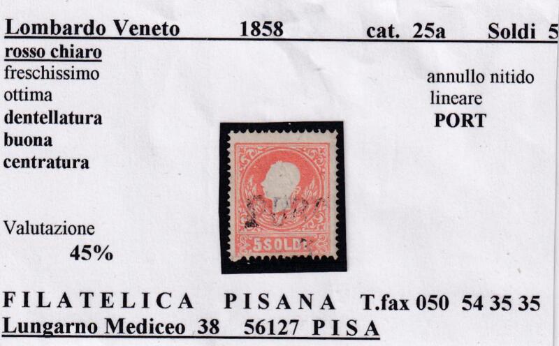 Francobollo Lombardo Veneto – Anno 1858 Soldi 5 rosso chiaro (cat. n. 25a)