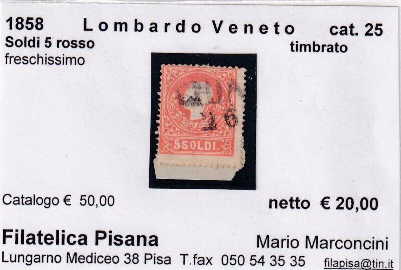 Francobollo Lombardo Veneto – Anno 1858 Soldi 5 rosso (cat. n. 25)